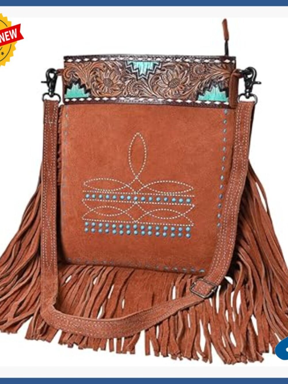 Genuine Suede Crossbody Bag with Fringe and Rivet Details